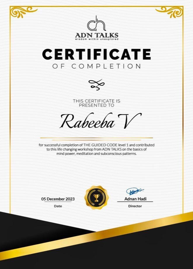 ADN Talks certificate of completion presented to Rabeeba V for the Guided Code mindpower programme