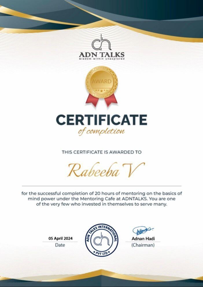 ADN Talks certificate of completion for twenty hours of mentoring in mindpower coaching