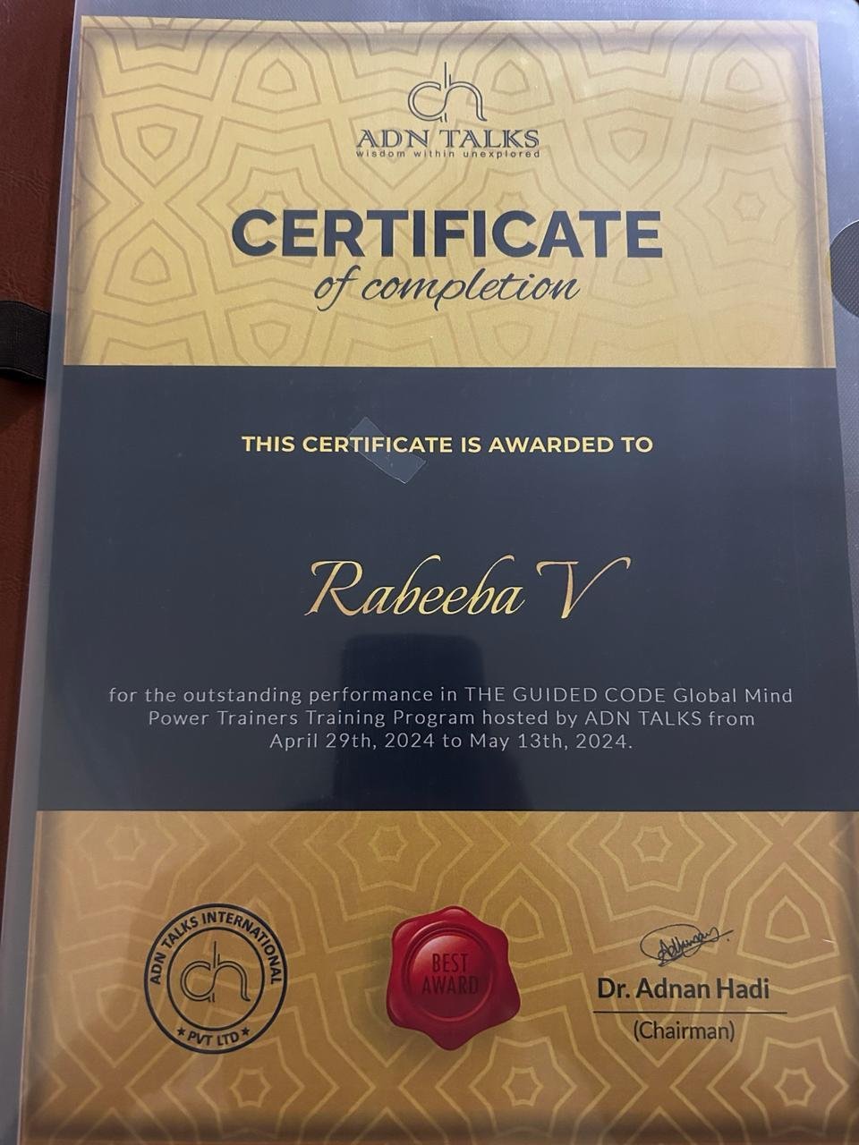 Guided Code Global Mind Power certificate of completion awarded to Rabeeba V