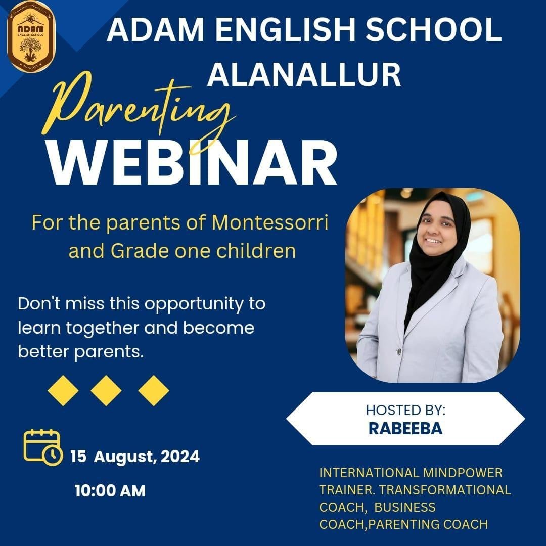 Poster for a parenting webinar hosted by Rabeeba at Adam English School, Alanallur