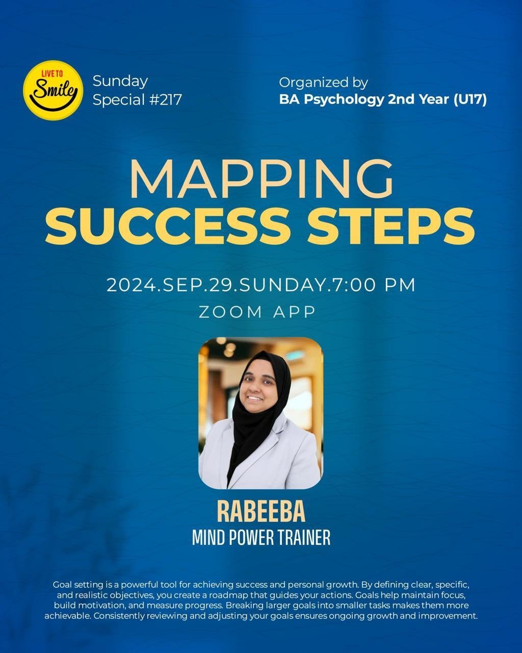 Poster for the Mapping Success Steps online session with mindpower trainer Rabeeba